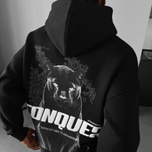 “conquer” oversized panther graphic hoodie – black
