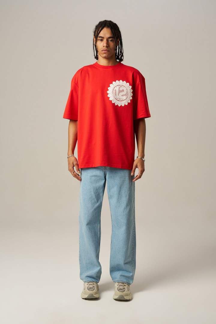 “12” embroidered oversized t shirt – fire red (unisex) “12” embroidered oversized t shirt – fire red (unisex)